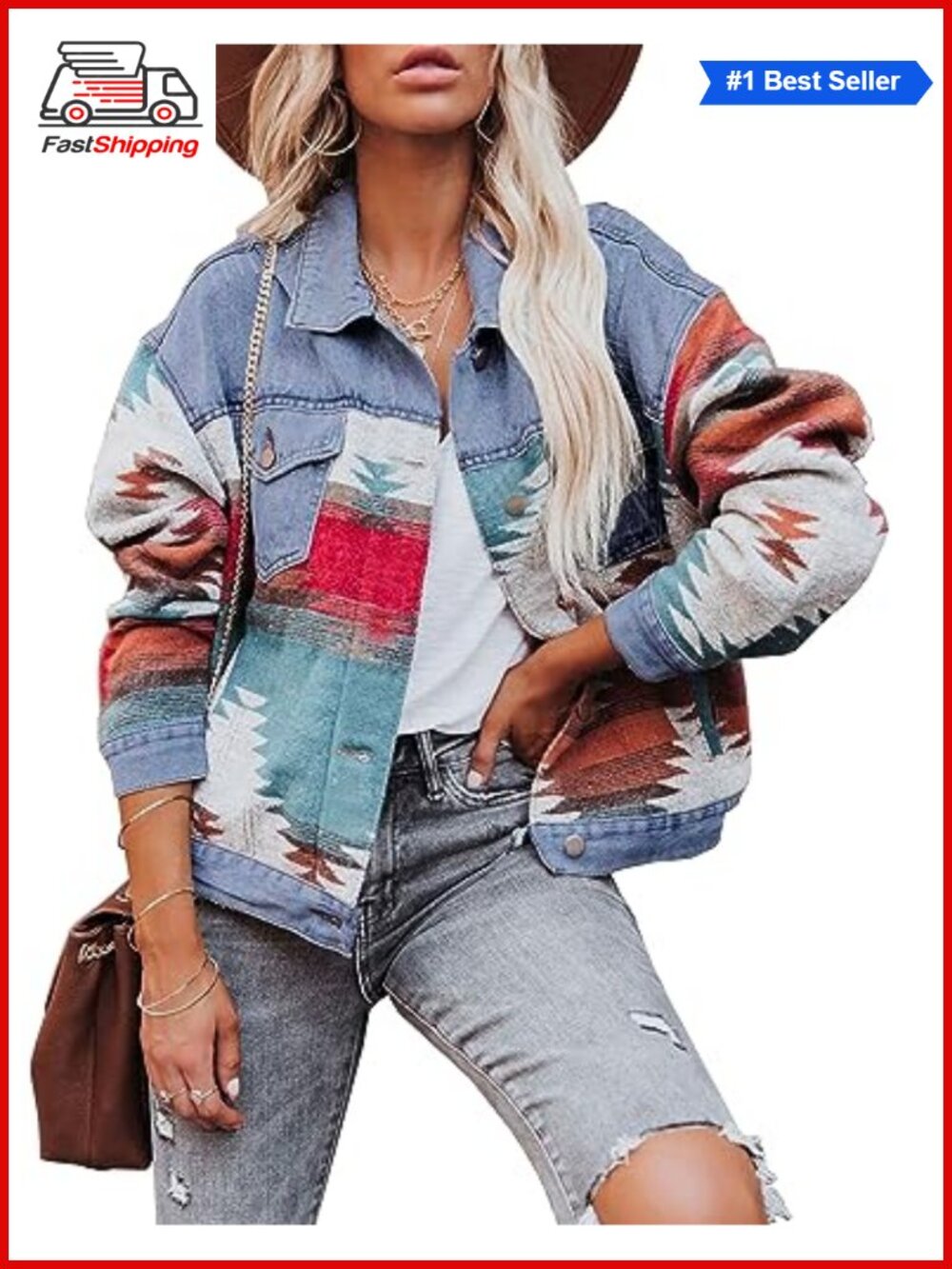 ✨Aztec Denim Jacket Distressed Vintage Button Down Shacket Long Sleeve